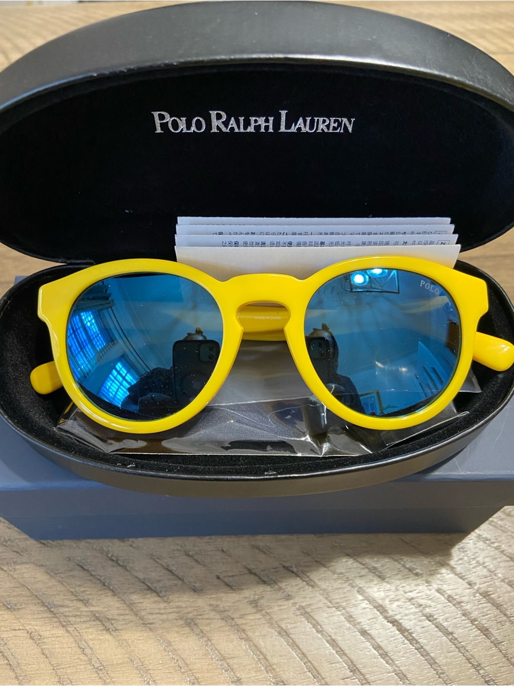 Polo by Ralph Lauren Yellow Frame Sunglasses with Blue Mirrored Lenses